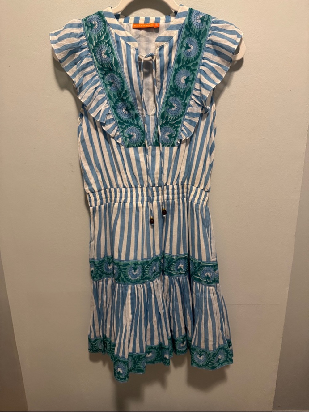 Oliphant Blue & White Striped Tunic with Green Embroidered Yoke